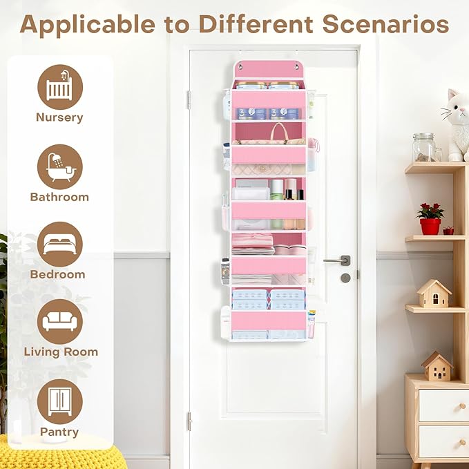 SpaceWhisper Over the Door Organizer, 5 Large Pocket Hanging Storage Organizer with 40lb Capacity, Space Saving for Nursery, 