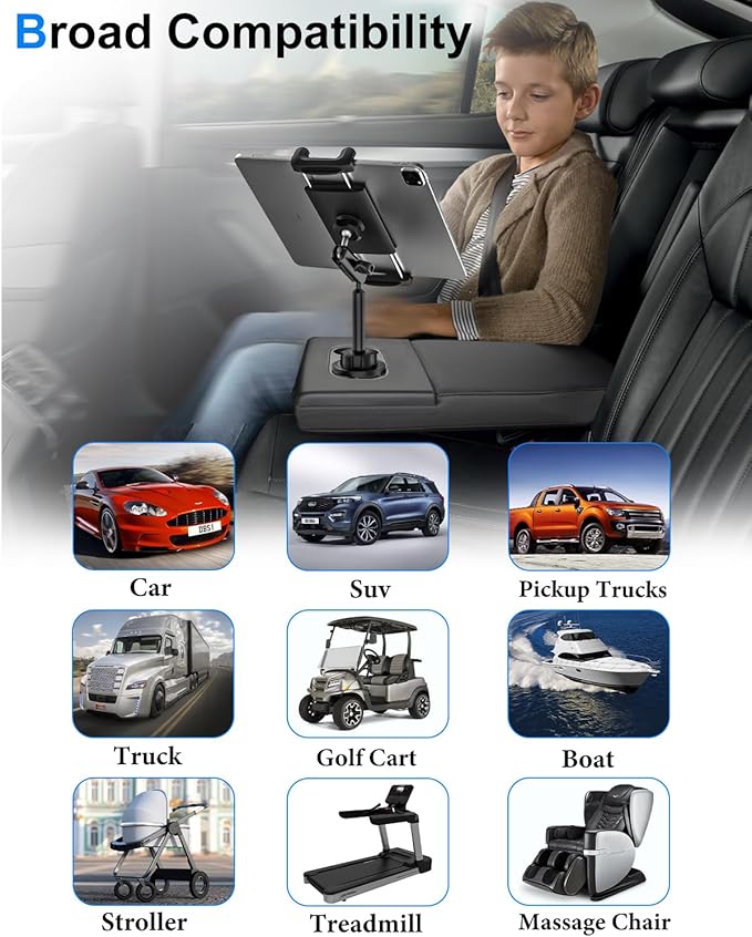 Cup Holder Tablet Mount for Car [Anti-Shake Metal Arm] Heavy Duty iPad Cup Holder Mount for Truck, Tesla, Vehicle, for iPad Pro 12.9 Air Mini Galaxy Z Fold iPhone, 4-13'' Cell Phone Tablets