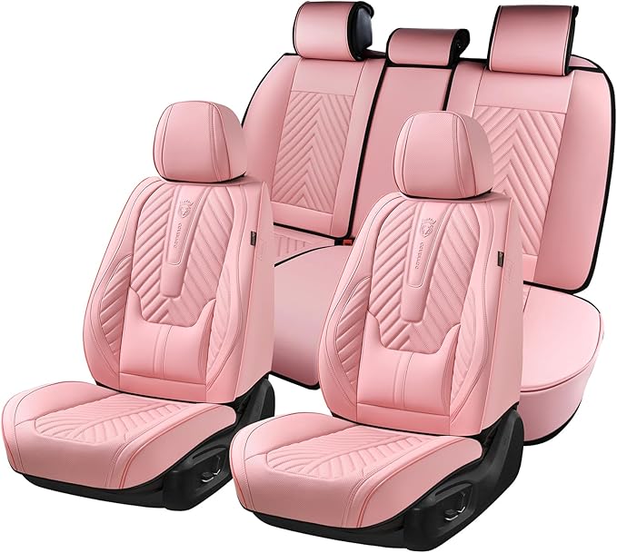 Coverado Seat Covers Full Set, Luxury Leather Pink Car Seat Covers for Car with Lumbar Support, Automotive Seat Covers Waterp