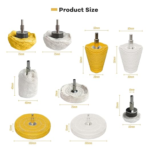 9Pcs Buffing Wheel for Drill, Polishing Wheel Set for Metal, Jewelry, Wood, Plastic, Stainless Steel, Chrome, Yellow & White Buffing Pads Polishing Tool Kit for Mirror Finish, Remove Rust