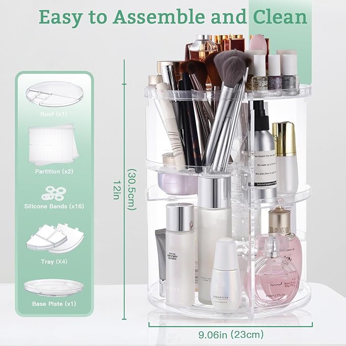 seinlife 360 Rotating Makeup Organizer,DIY Adjustable Spinning Holder,Foldable Cosmetic Storage Display box,Large Capacity Ma