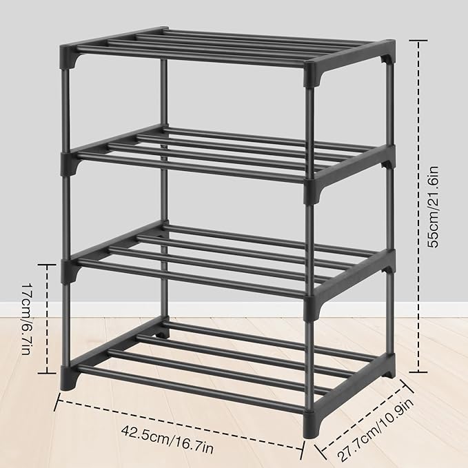 HITHIM 4-Tier Small Shoe Racks, Narrow Shoe Rack for 6-8 Pairs Shoe Storage,Kids Shoe Racks for Small Place,Lightweight Stack