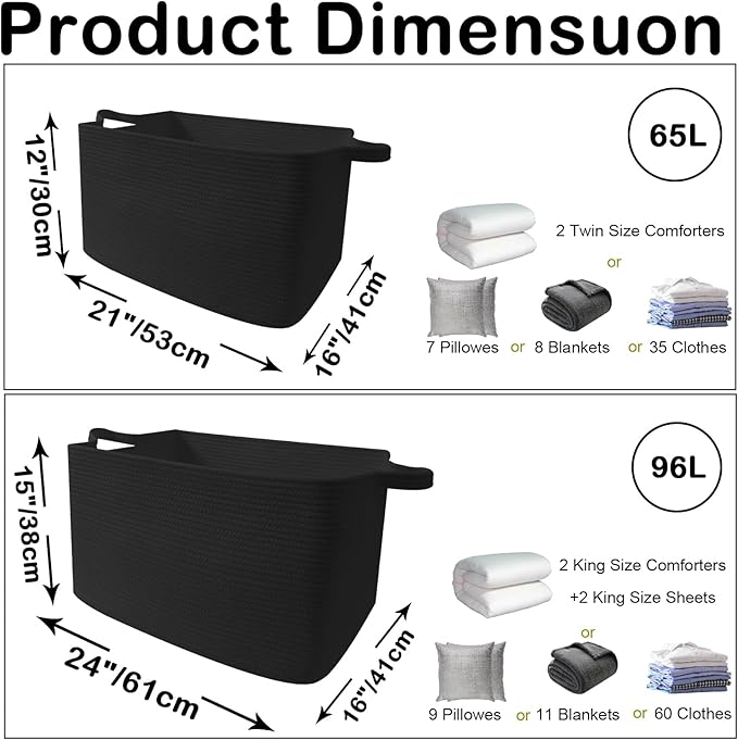 96L Large Blanket Basket,24"x16"x15"Rectangle Storage Bin with Handles,Woven Rope Laundry Basket for Toys, Clothes,Magazines,