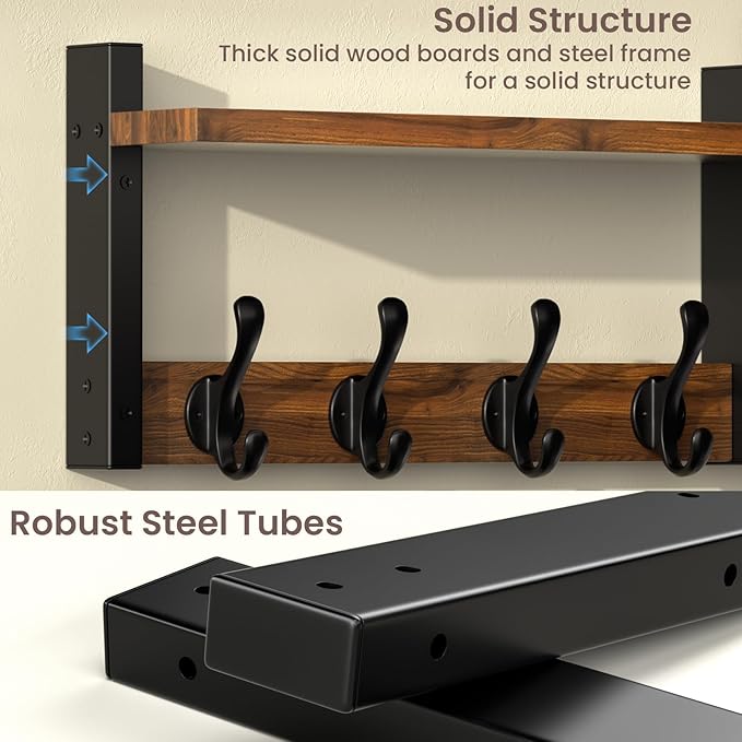 29'' Rustic Coat Rack Wall Mount with Shelf, Solid Wood Coat and Key Hanger with 11 Metal Hooks, Farmhouse Wall Organizer for