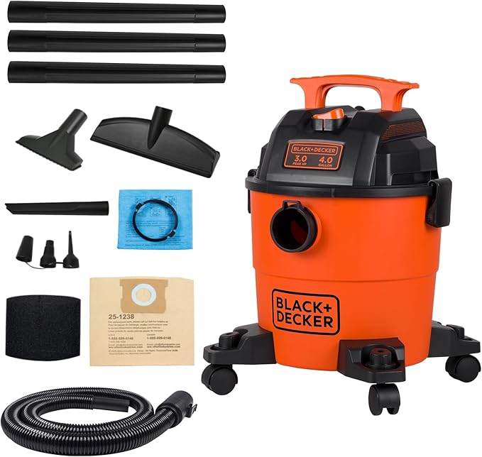 BLACK+DECKER Shop Vacuum Wet and Dry, 4 Gallon 3-in-1 Portable Shop Vac with Accessories, Workshop, Garage, Home and Car Vacu