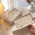 SPAKOWN Ring Box Display Holder, Clear Velvet Jewelry Storage Tray Organizer for Ring Stud Earring (Beige - 3 Drawers)