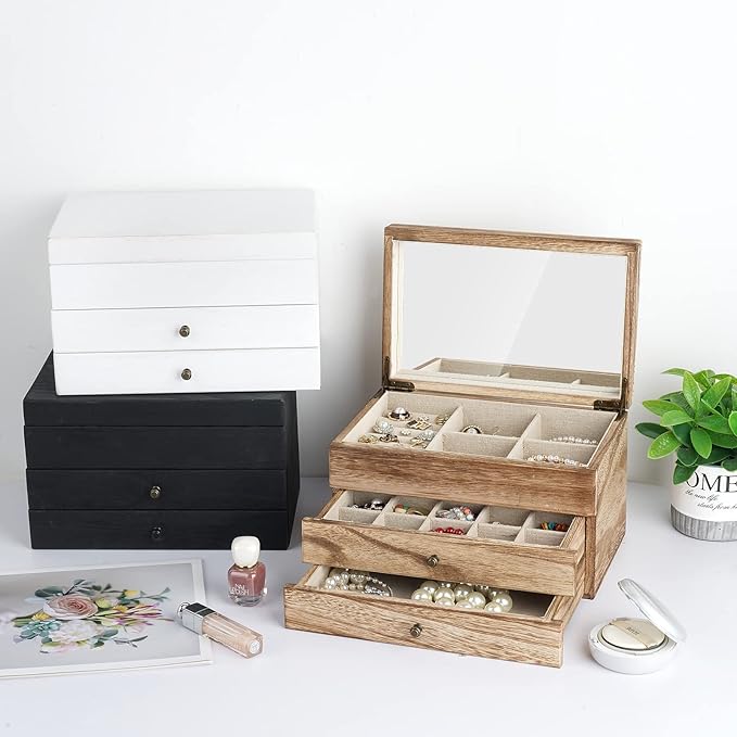 Meangood Jewelry Box Organizer for Women, 3 Layer Large Jewelry Storage Case, Rustic Wooden Jewelry Box with Mirror & Ring Tr