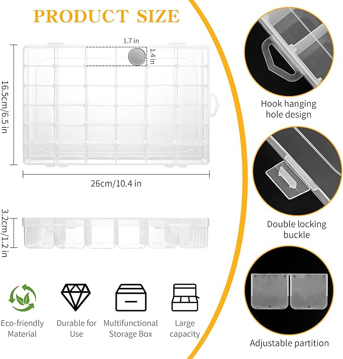 3 Pcs 36 Large Grids Clear Plastic Organizer Box with Adjustable Dividers Craft Organizers Box for Bead,Jewelry,DIY Crafts,Ar