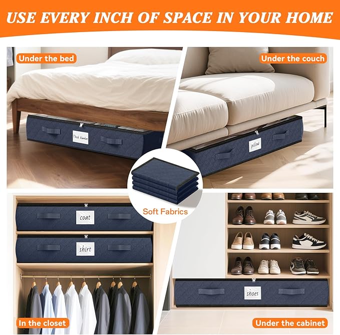 SpaceWhisper 90L Under Bed Storage Containers, 8-Pack Storage Bins with Clear Top, Foldable Closet Organizers and Storage wit