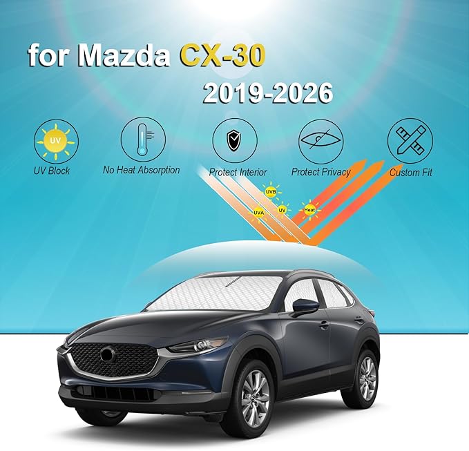 KMF 8pcs Thicken Sun Shades for Mazda CX-30 Accessories 2019-2026, Custom Fit Windshield Sunshade Full Car Window Covers for Side Rear, UV Block and Blackout Protect Privacy for Car Camping Outdoor