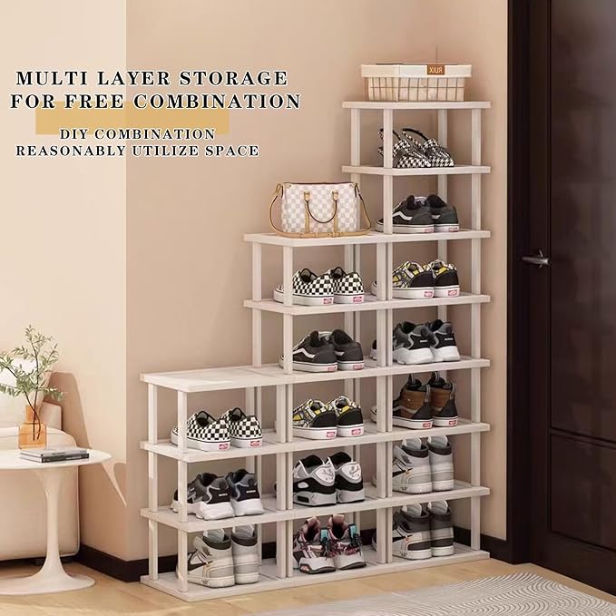 SAN HE 7-Tier Modern Bamboo Shoe Rack - Vertical, Slim, Space-Saving Shoe Organizer for Small Spaces, Closet, Entryway, Corne
