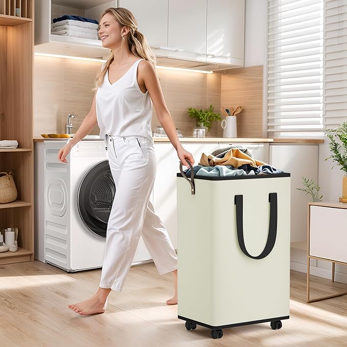 SpaceTrove Laundry Basket with Wheels, Collapsible Laundry Baskets, Laundry Hamper with Handles Detachable Wheels, Rolling La