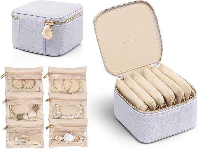 VLANDO Travel Jewelry Box Organizer – Portable PU Leather Jewelry Case with 6/8/12 Zippered Pouches, Compact Storage for Earr