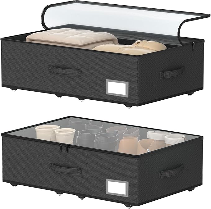Underbed Storage Bins with Wheels, No Assembly Required - 7.5 inch height Black Large Capacity Rolling Underbed Containers fo