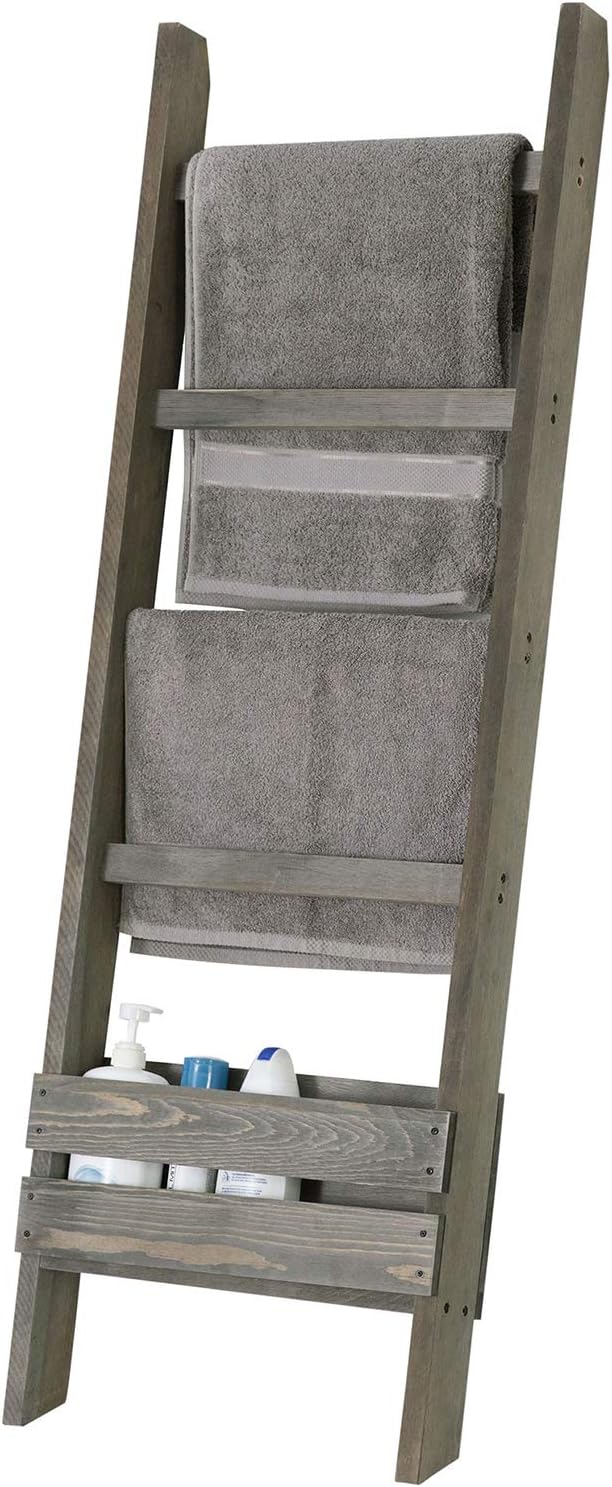 MyGift Blanket Ladder with Storage Shelf, Wooden Blanket Holder Rack, Decorative Ladder Shelf, Drying and Display Rack for Ba