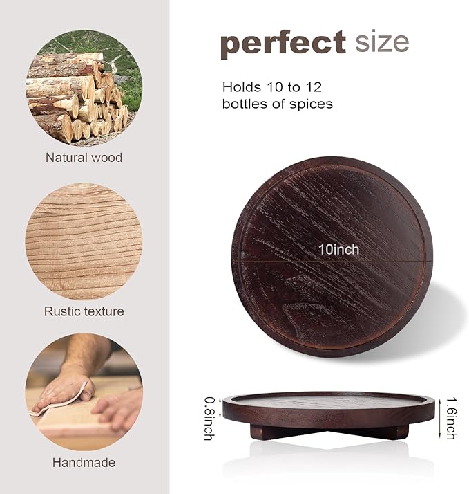 Round Decorative Tray Wood Bathroom Counter Organizer Farmhouse Kitchen Decor Wooden Riser for Soap Dish, Perfume, Candle, Sp