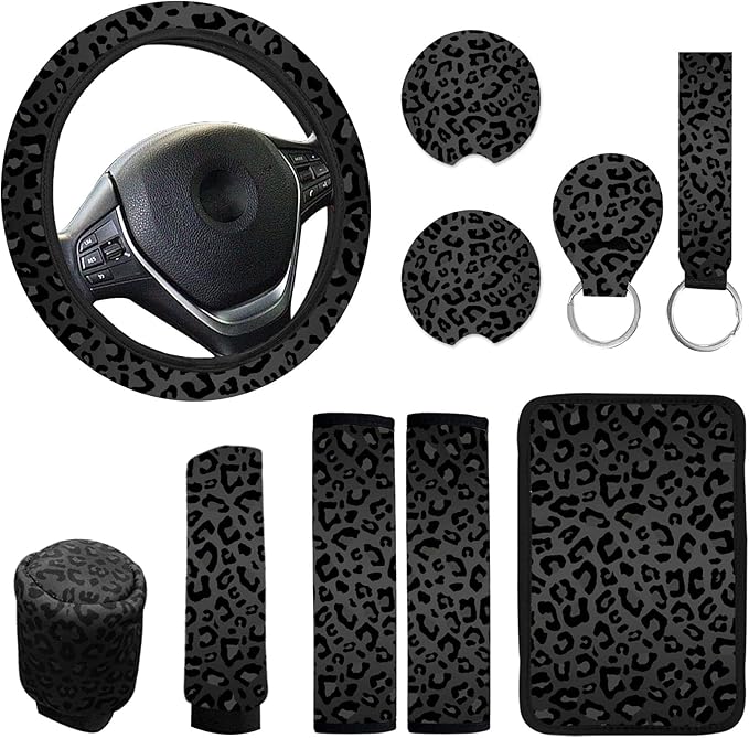 10 Pieces Leopard Print Car Steering Wheel Cover Center Console Armrest Pad Headrest Seat Belt Cover Handbrake Cover Keychain Coaster Full Set Car SUV(Leopard Print)