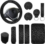 10 Pieces Leopard Print Car Steering Wheel Cover Center Console Armrest Pad Headrest Seat Belt Cover Handbrake Cover Keychain Coaster Full Set Car SUV(Leopard Print)