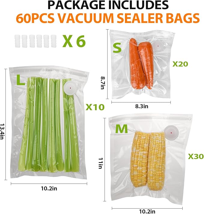 60PCS ATOSUN Vacuum Sealer Bags for Food, upgraded Air Valve, BPA -Free Vacuum Sealing Food Storage Bags, Reusable Sous Vide 