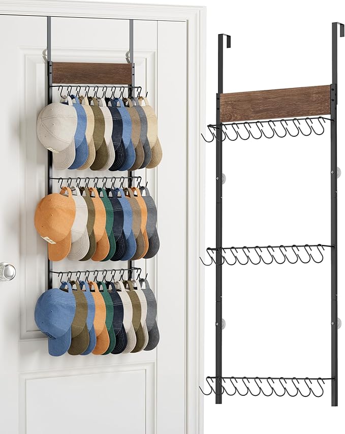 FANGSUN 3-Tier Over the Door Hat Rack with 30 Movable Hooks – Wall Mounted Hat Organizer for Baseball Cap Storage, Cap Holder