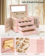 AKOZLIN Large 4-Tier Jewelry Box Leather Jewelry Storage Organizer with 3 Drawers Lockable for Women Girls Ring Necklace Earr