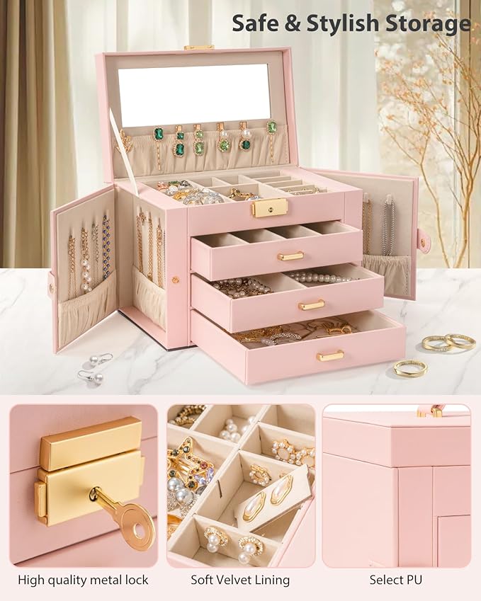 AKOZLIN Large 4-Tier Jewelry Box Leather Jewelry Storage Organizer with 3 Drawers Lockable for Women Girls Ring Necklace Earr
