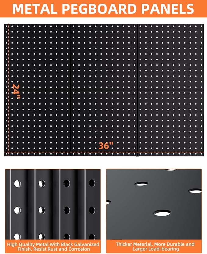 INCLY 6 Pack 12"x12" Black Metal Pegboard Panels, Heavy Duty Pegboard Wall Organizer with Frame, Black Peg Board for Walls, G