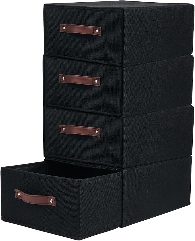 4PCS Closet Drawer Organizer Stackable Fabric Storage Boxes Bins Baskets with Lid PU Leather Handles Foldable Washable Cotton