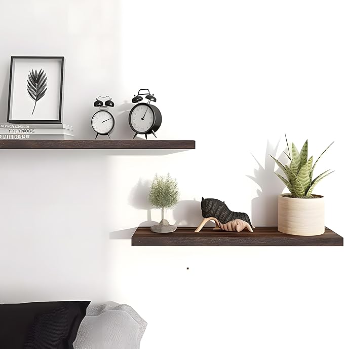 PHPH 24 Inch Wood Floating Shelves for Wall, Wooden Wall Shelves for Bedroom, Set of 4 Brown