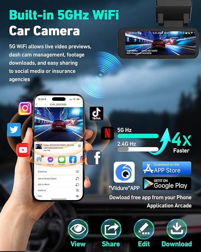 4K Dash Cam Front, Built-in 5GHz WiFi & APP Control, Dash Camera for Cars W/ 32GB Included, 3.2" IPS Screen Car Dash Cam W/ 2