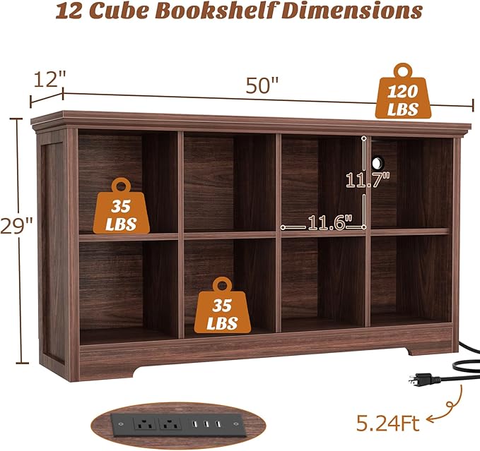 Aheaplus Wooden 8-Cube Storage Organizer with Charging Ports, Modern Cube Bookcase with Base, 3-Tier Floor Standing Open Cubb