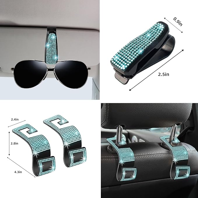 NBTEPEM 30 Pcs Aquamarine Bling Car Accessories Set for Women, Steering Wheel Cover Set, Bling Console Cover, Seat Belt Cushion, Shift Knob Cushion, Cup Coaster, Rhinestone Car Hanging Accessories