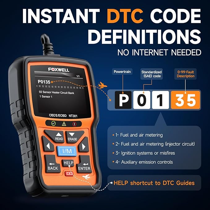 FOXWELL NT301 OBD2 Scanner Live Data OBDII Diagnostic Code Reader Tool & Portable Carrying Case for OBD2 Scanners & Battery
