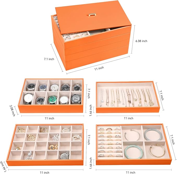 Voova Stackable Jewelry Organizer Tray with Lid, PU Leather Jewelry Storage Holder for Drawer Inserts, Jewellery Display Box 