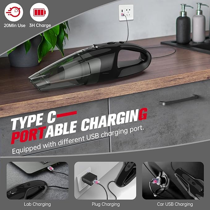 Handheld Vacuum Cordless Rechargeable 3-in-1, Car Vacuum Portable Cordless with USB Charge, Handheld Vacuum with LED Light, H