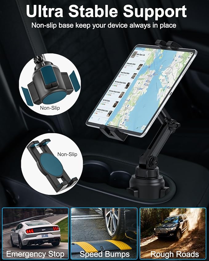 woleyi Cup Holder Car Tablet Mount, iPad Mount Holder for Car/Truck, 360° Rotation Adjustable Universal Tablet Stand Cradle Compatible with iPad Pro Air Mini, Galaxy Tab, Z Fold, iPhone, 4-13" Devices