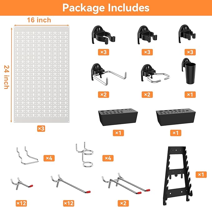 WALMANN Metal Pegboard Tool Organizer Boards with Pegboard Hooks, 24x48 in Tools Organizer Pegboard for Garage, Workbench, Pe