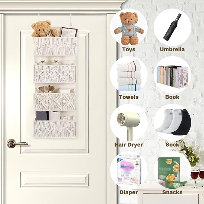 ANTIS'S HOME Nursery Over The Door Organizer Boho Decor Nursery Storage with 4 Large Woven Pockets, Macrame Nursery Organizer