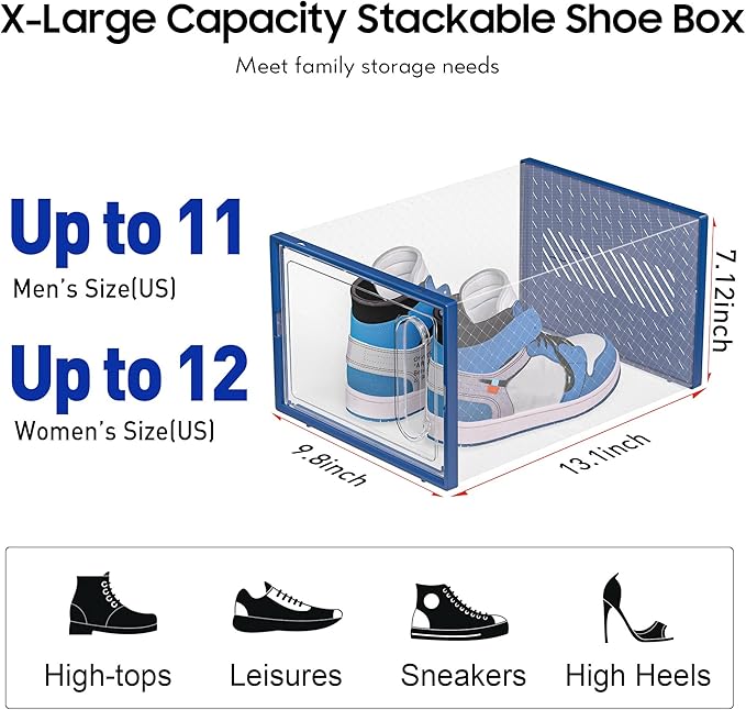 eWonLife Large Shoe Organizer Storage Box with Magnetic Door,12 Pack Clear Plastic Stackable Sneaker Containers for Closet, C