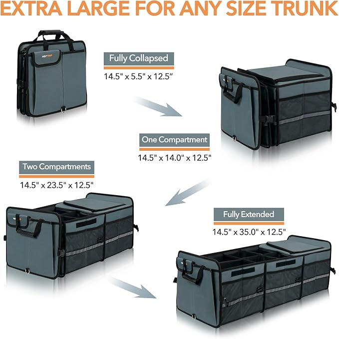 HEYTRIP Large Trunk Organizer With Built-in Leakproof Cooler Bag, 2 Tie-Down Straps, 4 Removable Dividers, Foldable Cover, Buil