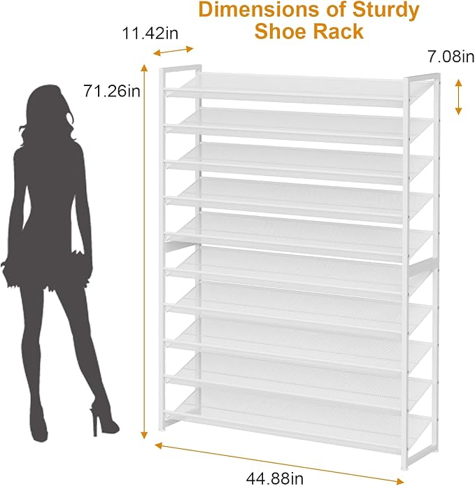 Large Shoe Rack 10 Tier Shoe Organizer, Heavy Duty Metal 5-Tier Stackable Shoe Storage Vertical Shoe Rack for Closet Front Do