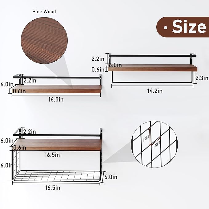 Bathroom Floating Shelves Wall Mounted - 3+1 Tier Rustic Wooden Bathroom Wall Shelves Over Toilet with Wire Storage Basket&To