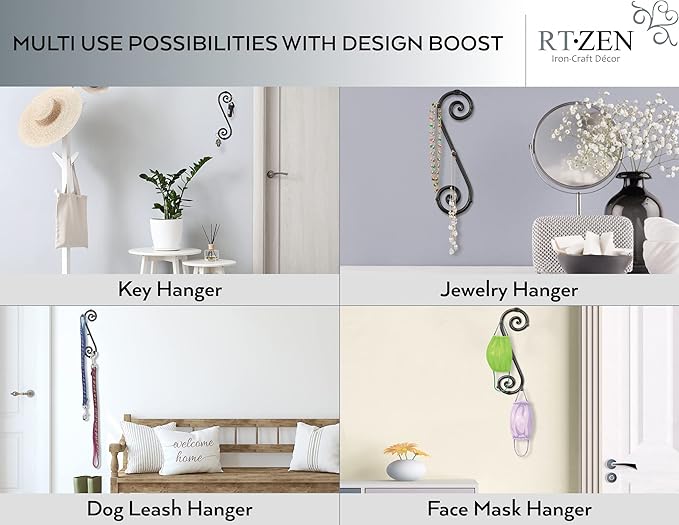 RTZEN Farmhouse Small Key Holder for Wall - Handcrafted Swirl Decorative 5 Key Hooks for Home Entryway - Wrought Iron Wall Mo