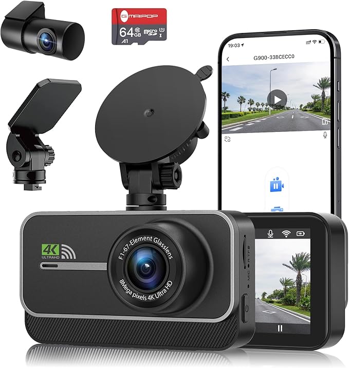 Dash Cam Front and Rear,4K+1080P WiFi Dual Dash Camera for Cars with App, 3" IPS Dashboard Camera Recorder,Night Vision,24H/7