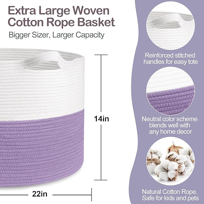 MEGASKET Large Purple Rope Storage Basket, 22x14 Inches Wicker Woven Baskets for Storage, Baby Laundry Hamper, Towel Blanket 