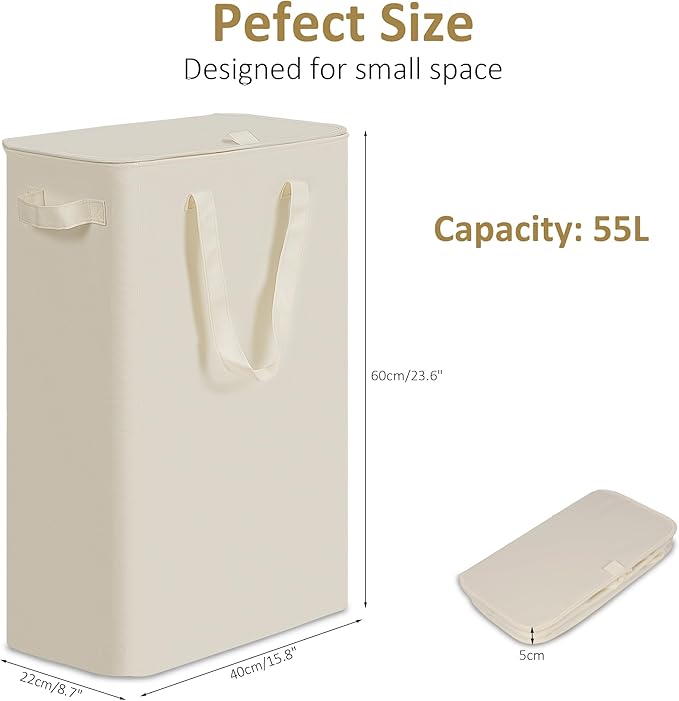 efluky Slim Laundry Basket with Lid, Narrow Laundry Hamper with Handles, Collapsible Dirty Clothes Hamper, Tall Laundry Bin f