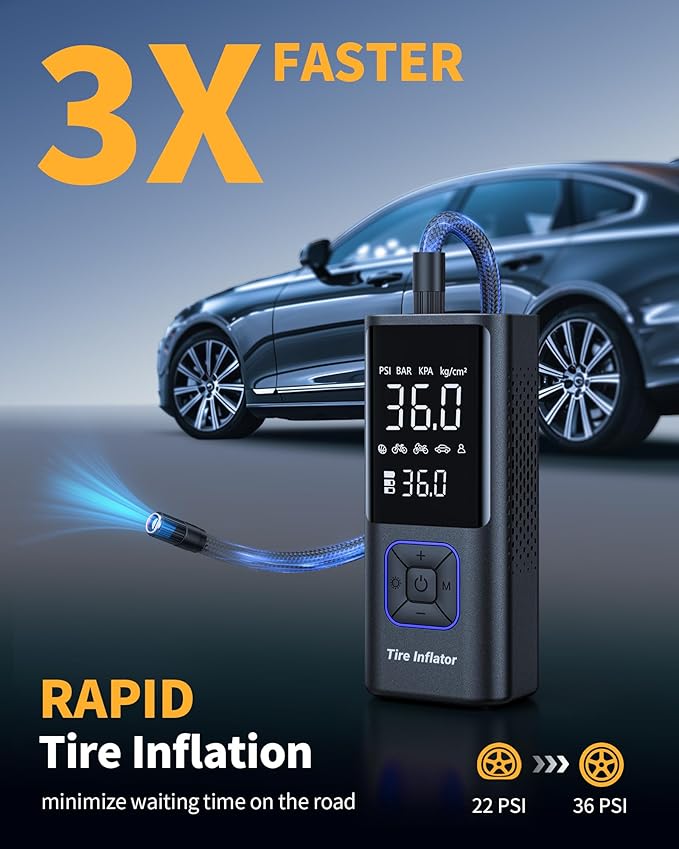 Cordless Tire Inflator 150PSI Portable Air Compressor with Auto Shutoff, Air Pump for Car Tires, Motorcycle, Bike, Balls, Inflatables, LED Light, Blue, Large Capacity