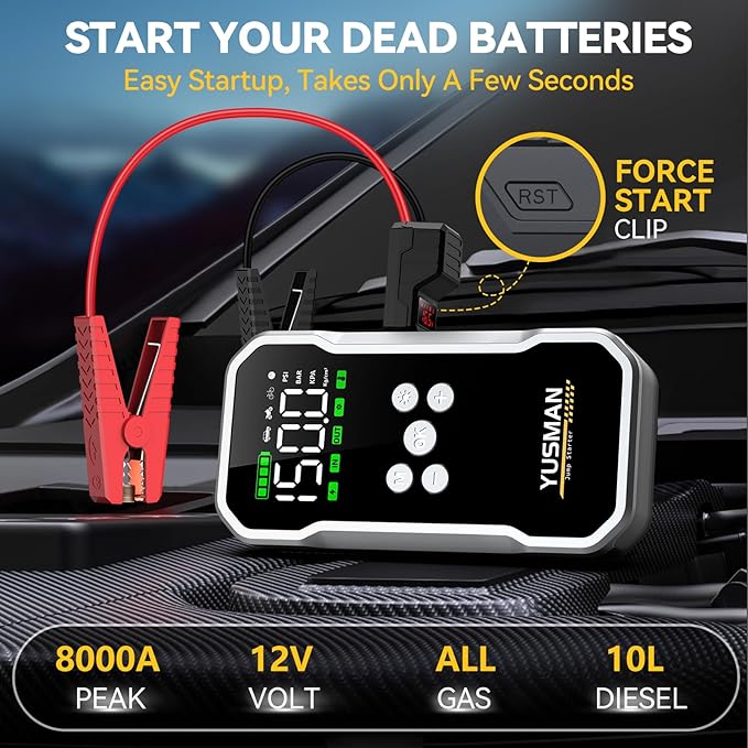 Jump Starter with Air Compressor, 8000A 160PSI Jump Starter Pack (10.0 Gas/7.0L Diesel), 12V Car Jump Starter, Battery Jump