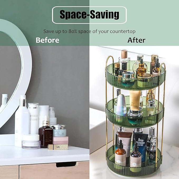 Rotating Makeup Organizer Countertop 3 Tier Lazy Susan Trays Clear Skincare Perfume Storage for Bathroom Counter Vanity, Gree