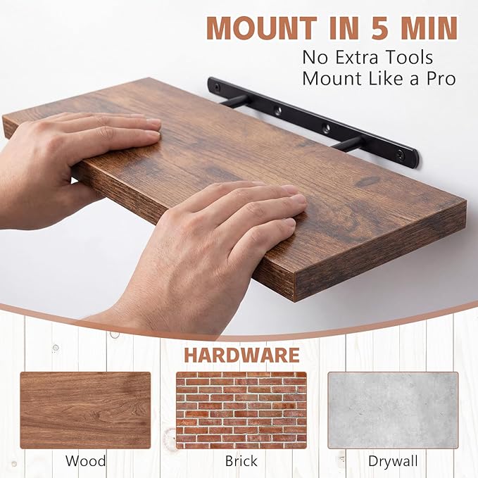 Sliner 8 Pcs 16'' Floating Shelves for Wall with Invisible Brackets, Rustic Wood Deep Wall Mounted Shelves for Home Decor, St